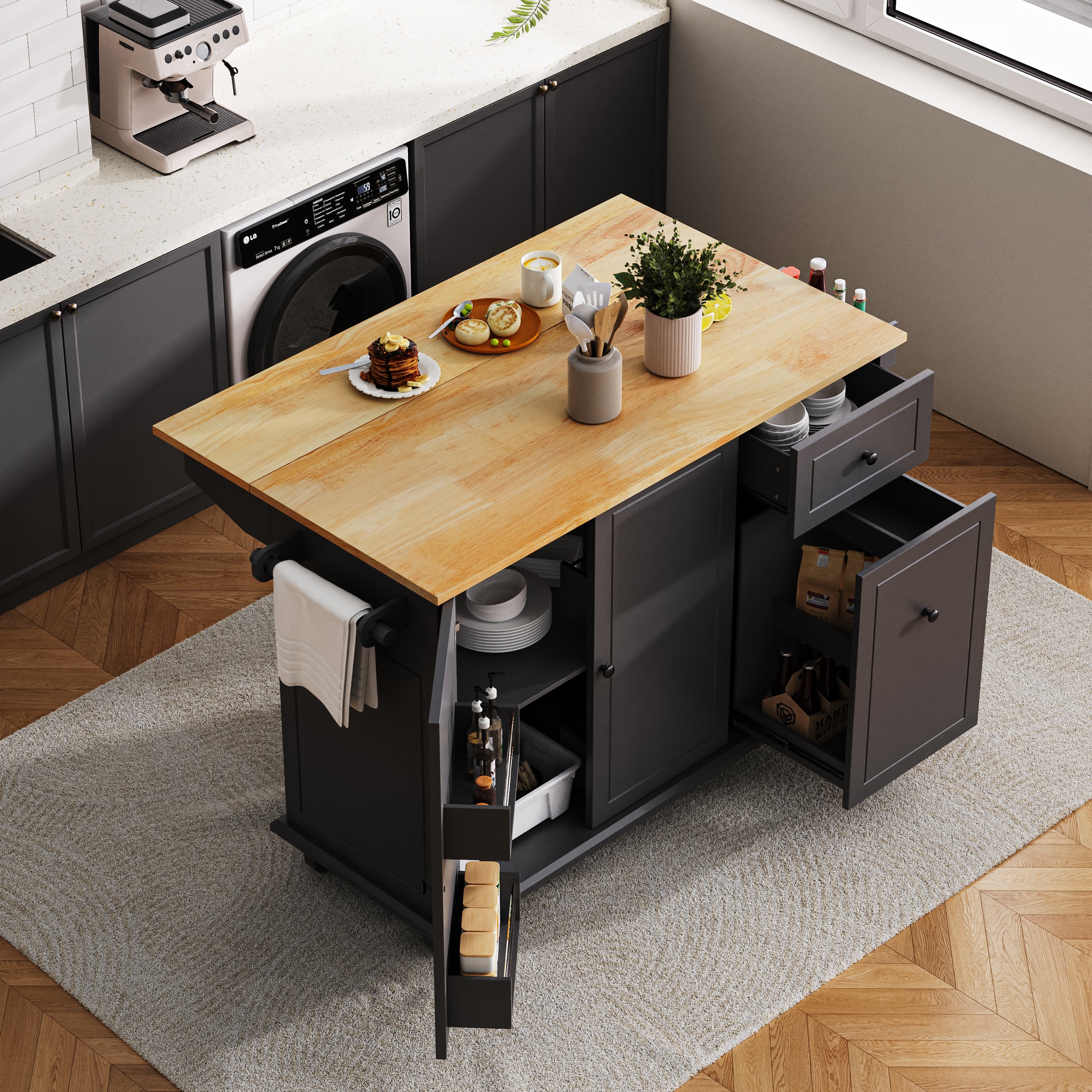Rolling Kitchen Island Cart w/ Drop Leaf & Storage (Black)