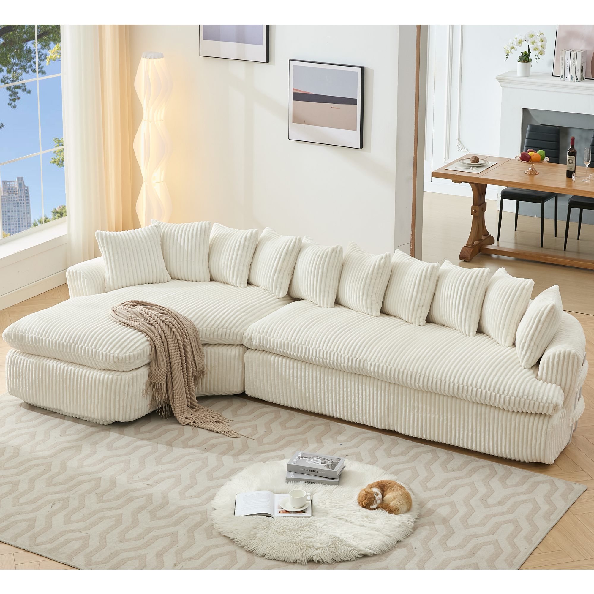 127" Beige Sectional Sofa: Curved, No Assembly