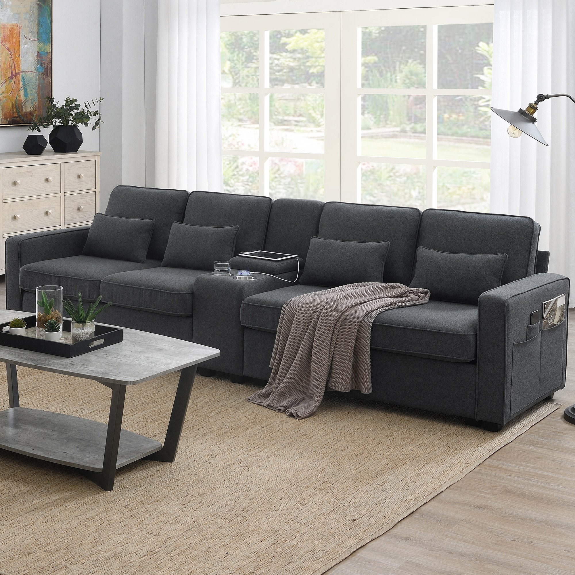 Luxury 114" Sofa: USB, Console & Pillows