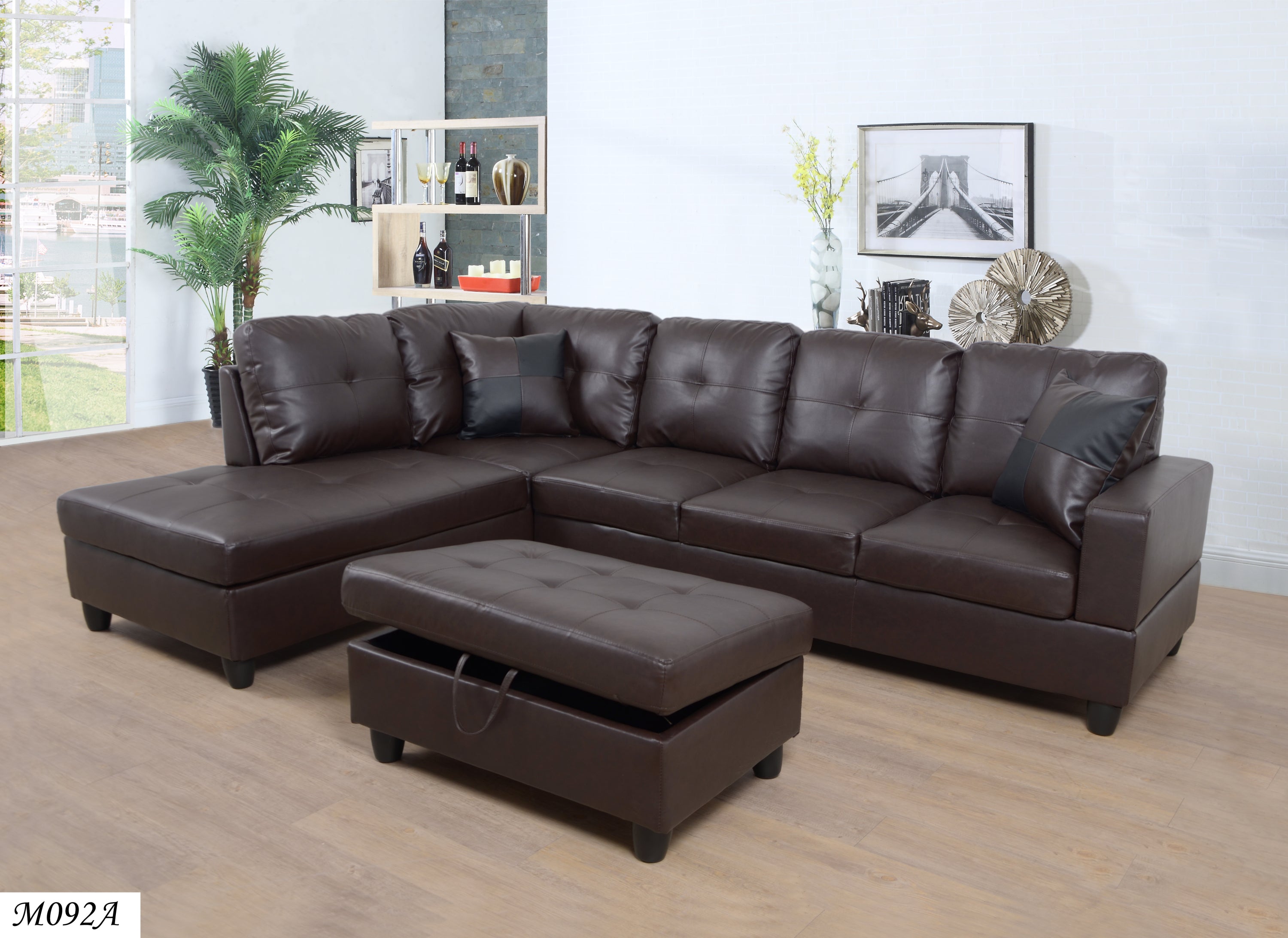 3-Piece Brown Faux Leather Sectional Sofa w/ Chaise & Ottoman