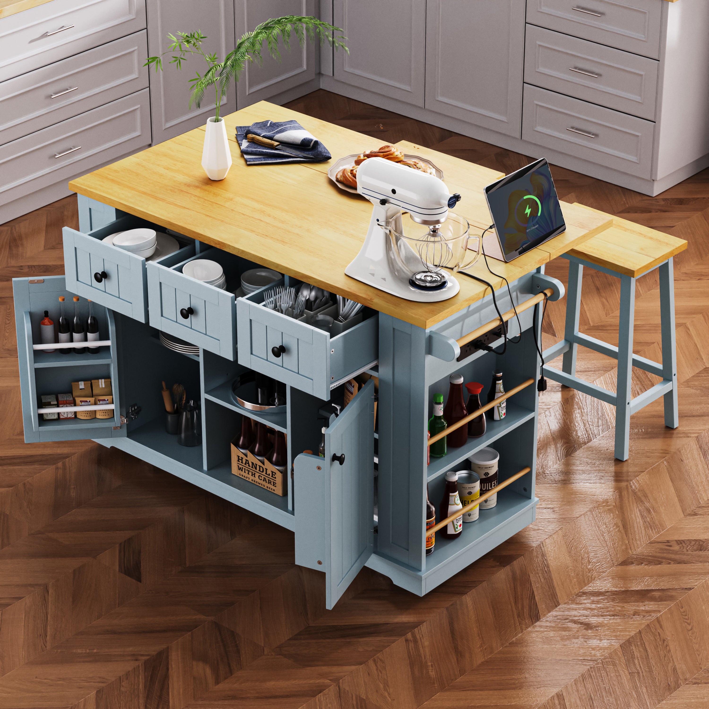 53" Kitchen Island Cart w/ Drop Leaf & Power Outlet - Grey Blue