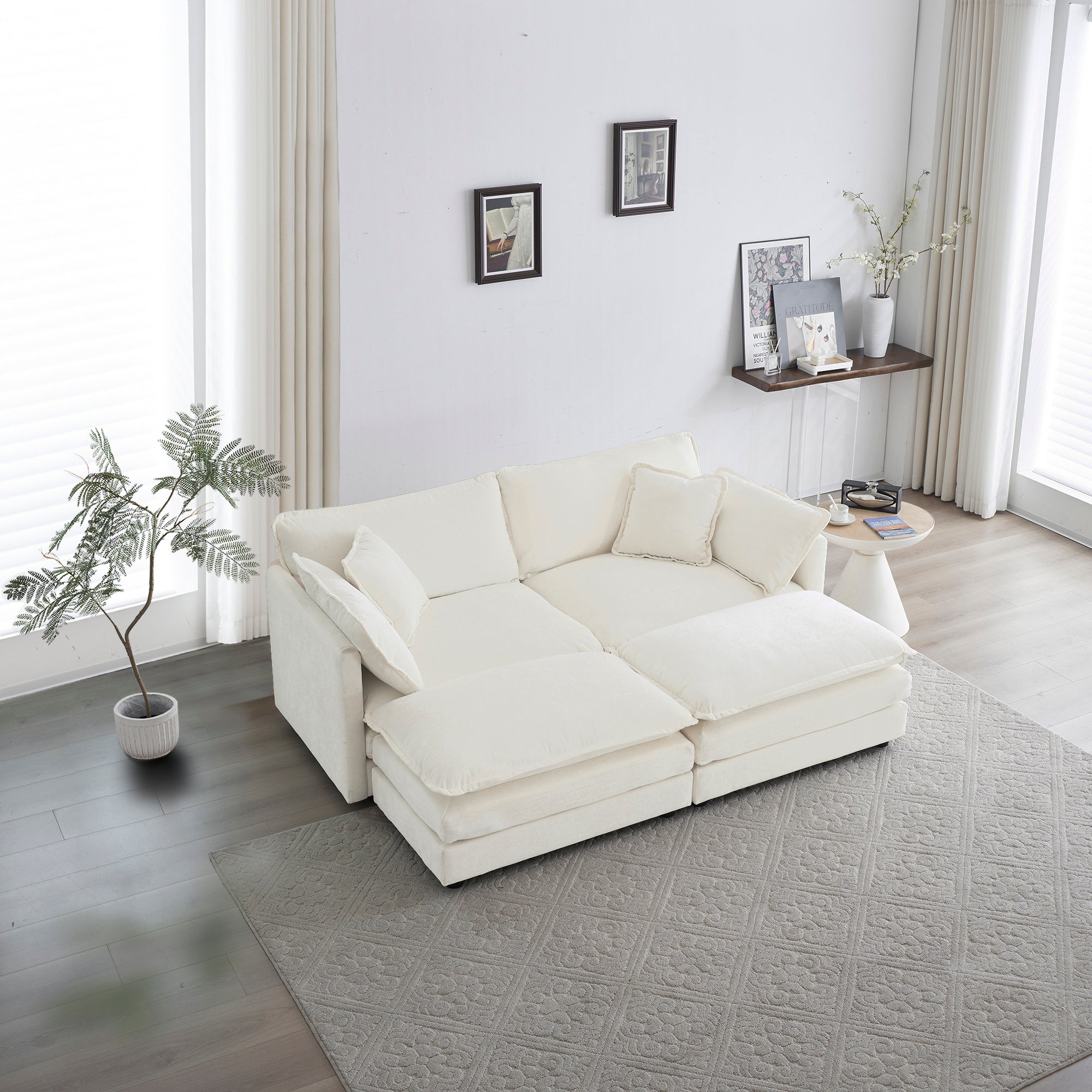 White Chenille Sectional Sofa with Ottomans