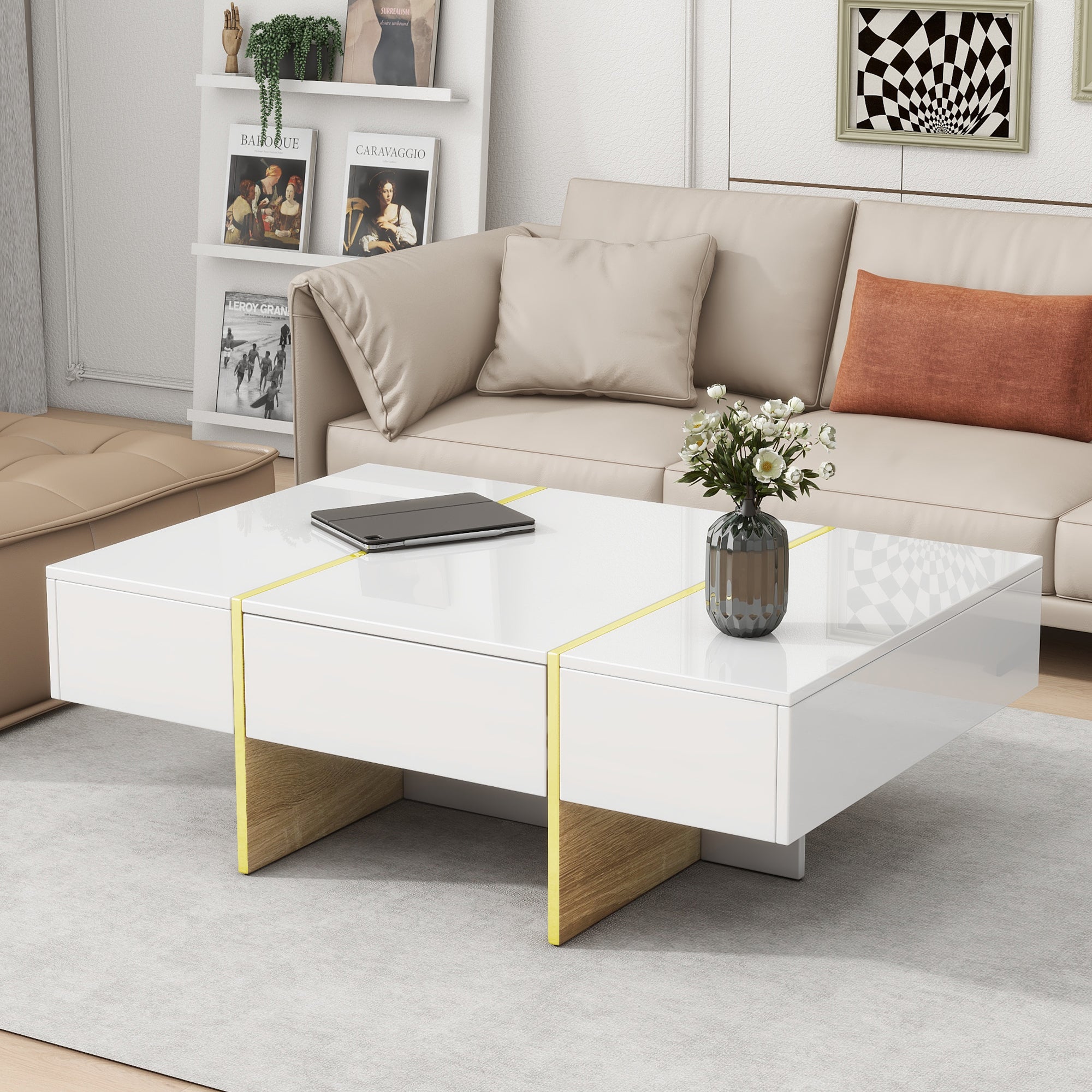 Modern White Coffee Table with Drawers - 47.2"