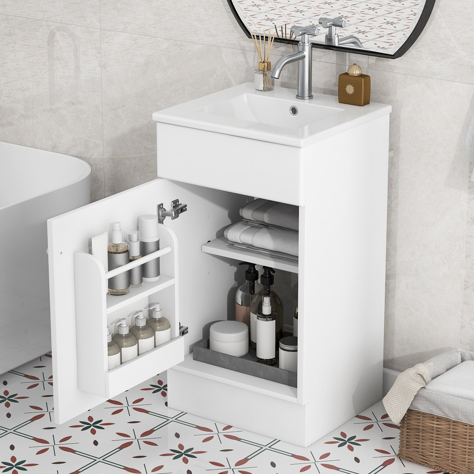 18" White Bathroom Vanity with Sink & Shelves
