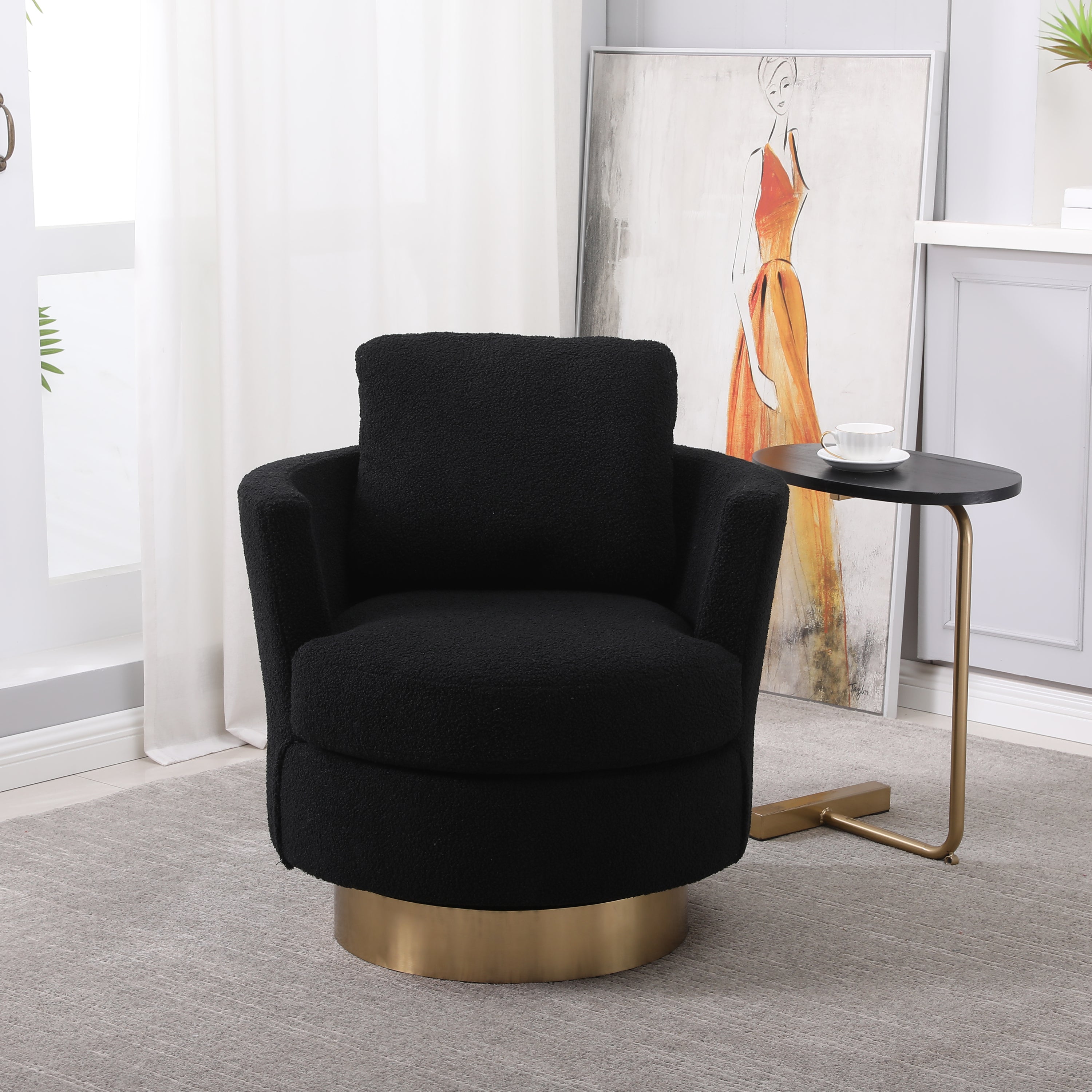 Comfy Black Barrel Chair: Swivel & Gold Base