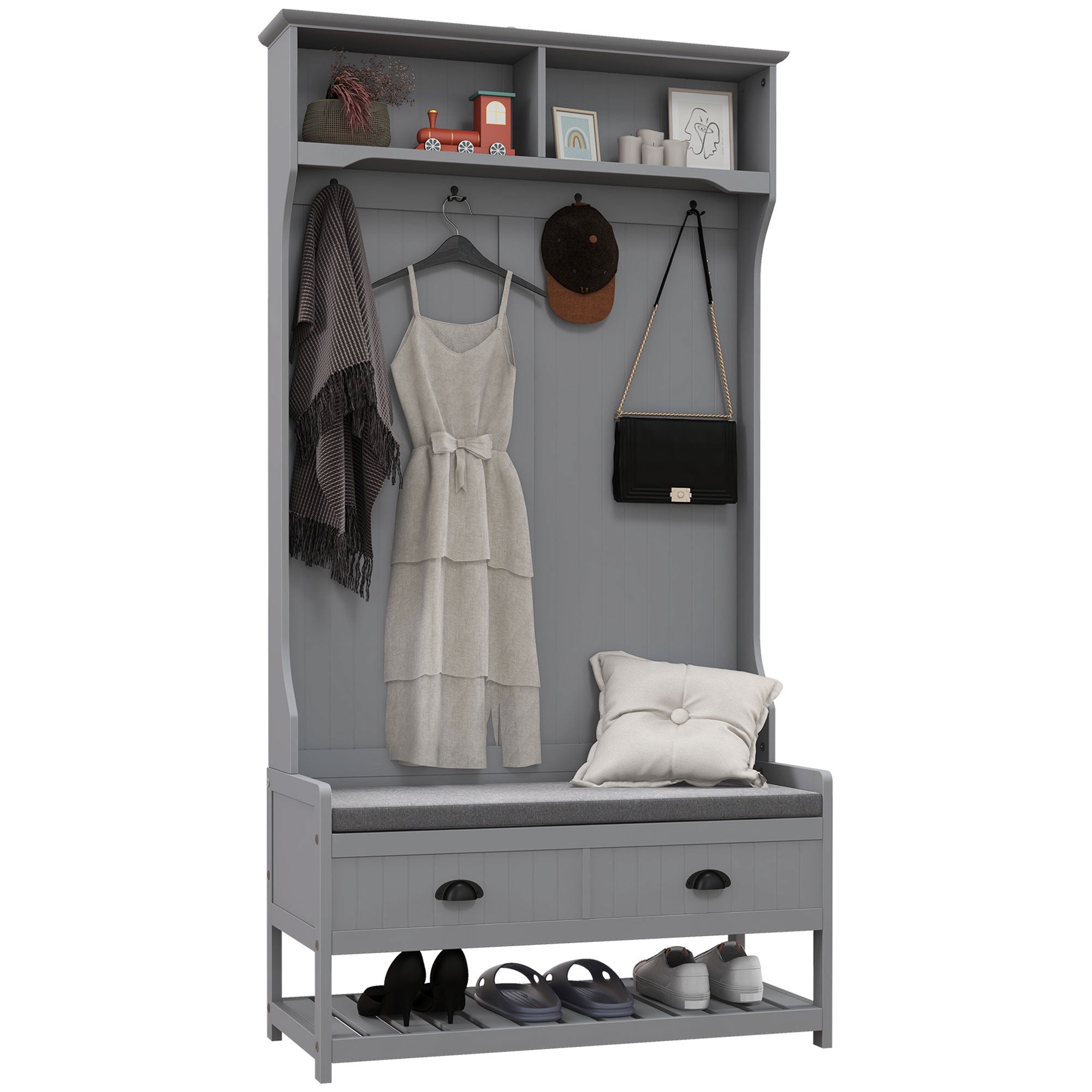 3-in-1 Hall Tree w/ Storage & Seat - Gray