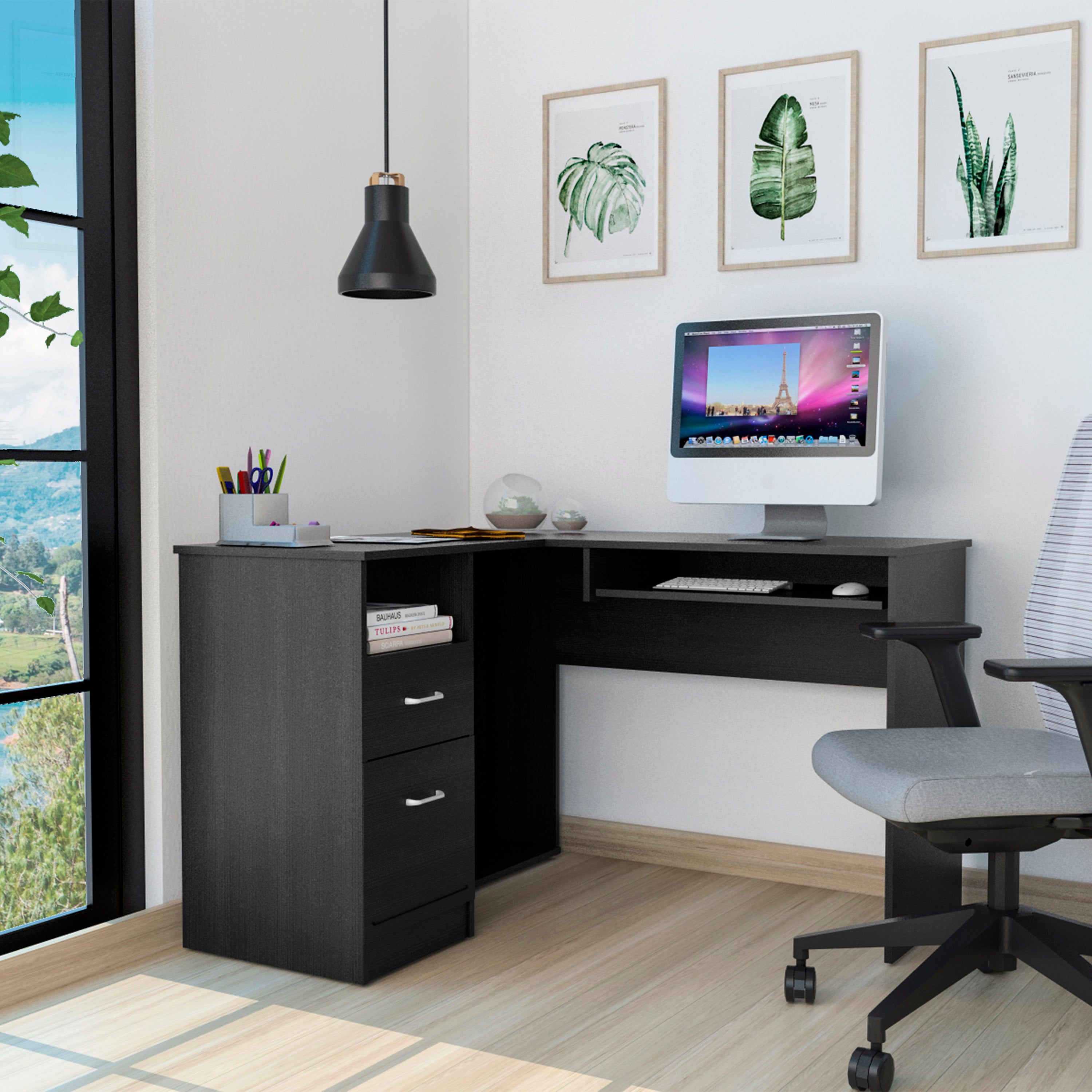 L-Shaped Desk w/ Keyboard Tray, Black Wengue