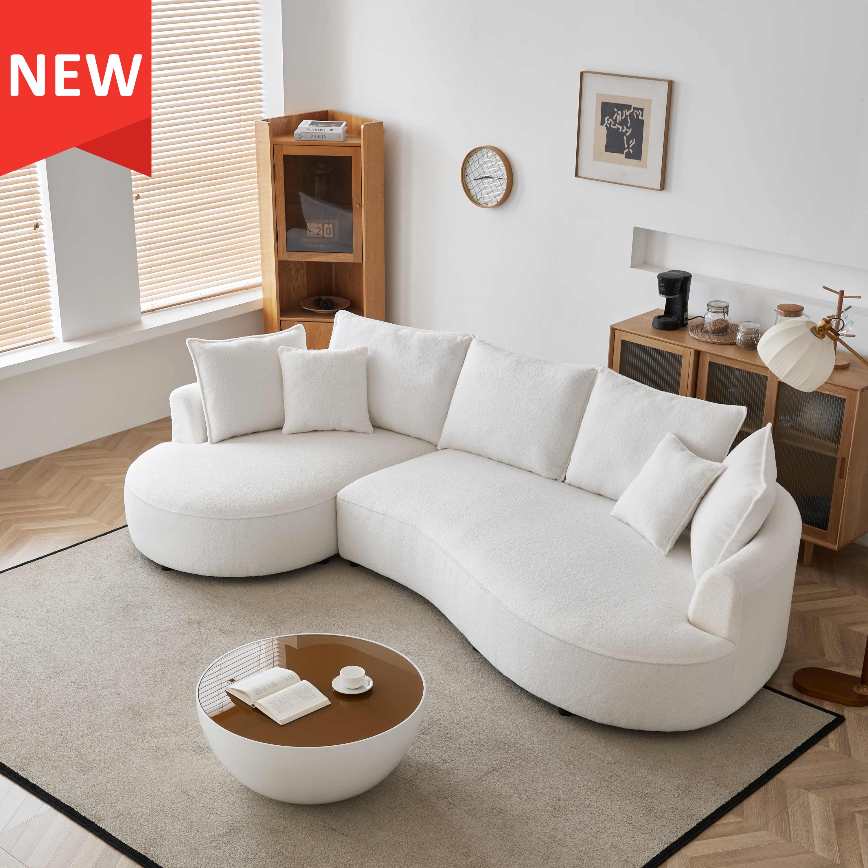 Modern Curved Sofa | 122.8" Sherpa Boucle Couch | Left Facing