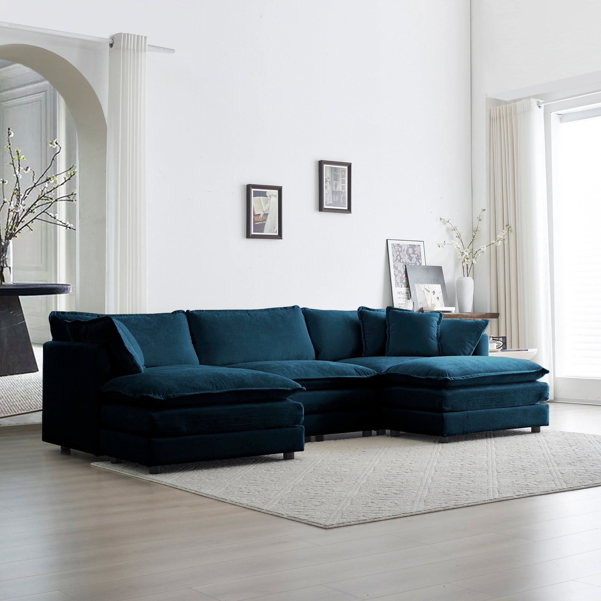 U-Shaped Sectional Sofa w/Ottomans, Blue Chenille