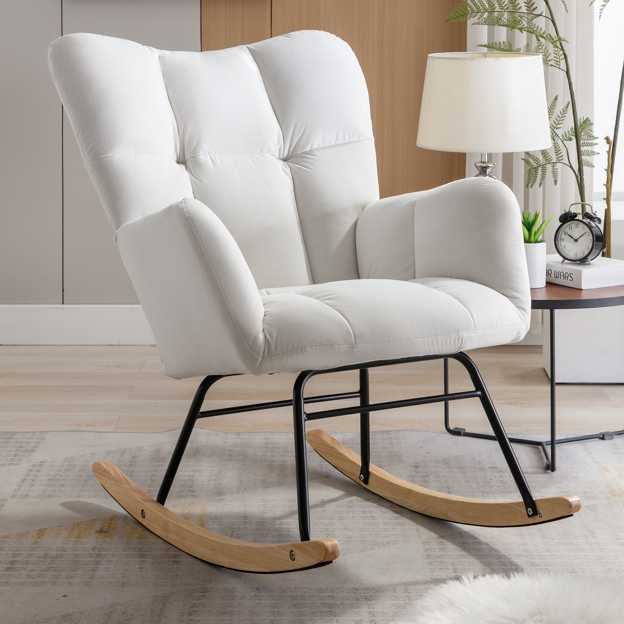 Mid-Century Modern Velvet Rocking Chair, White