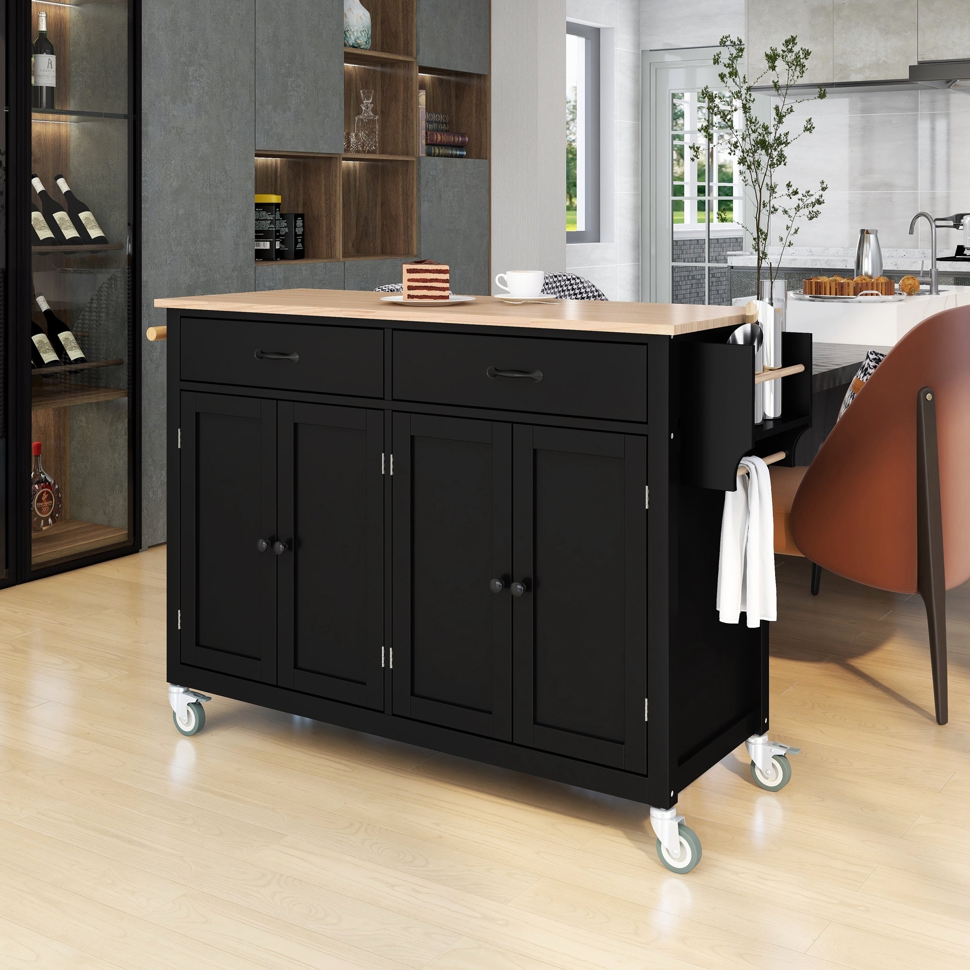 Black Kitchen Island Cart: Solid Wood Top, Locking Wheels