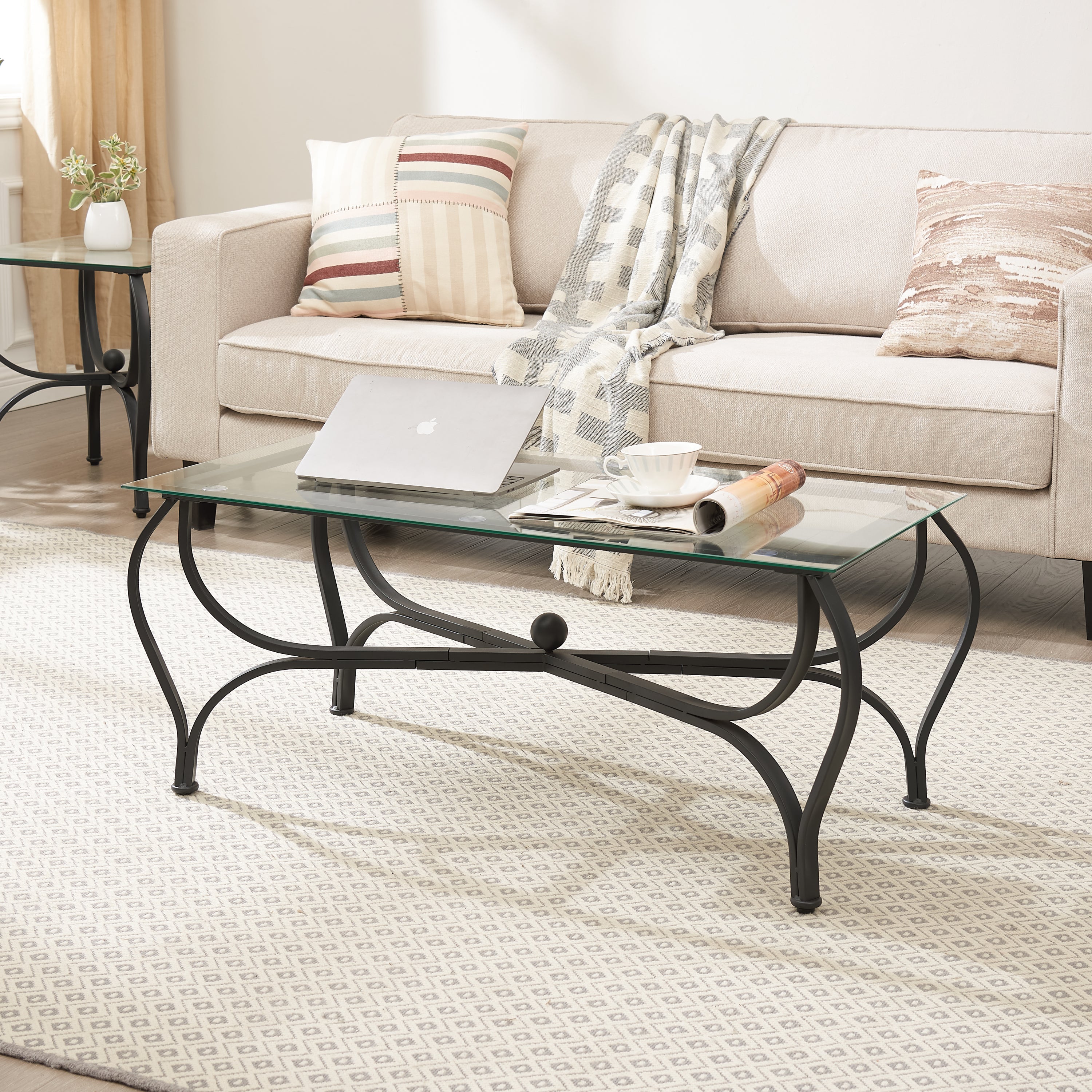 Rustic Black Tempered Glass Coffee Table Set