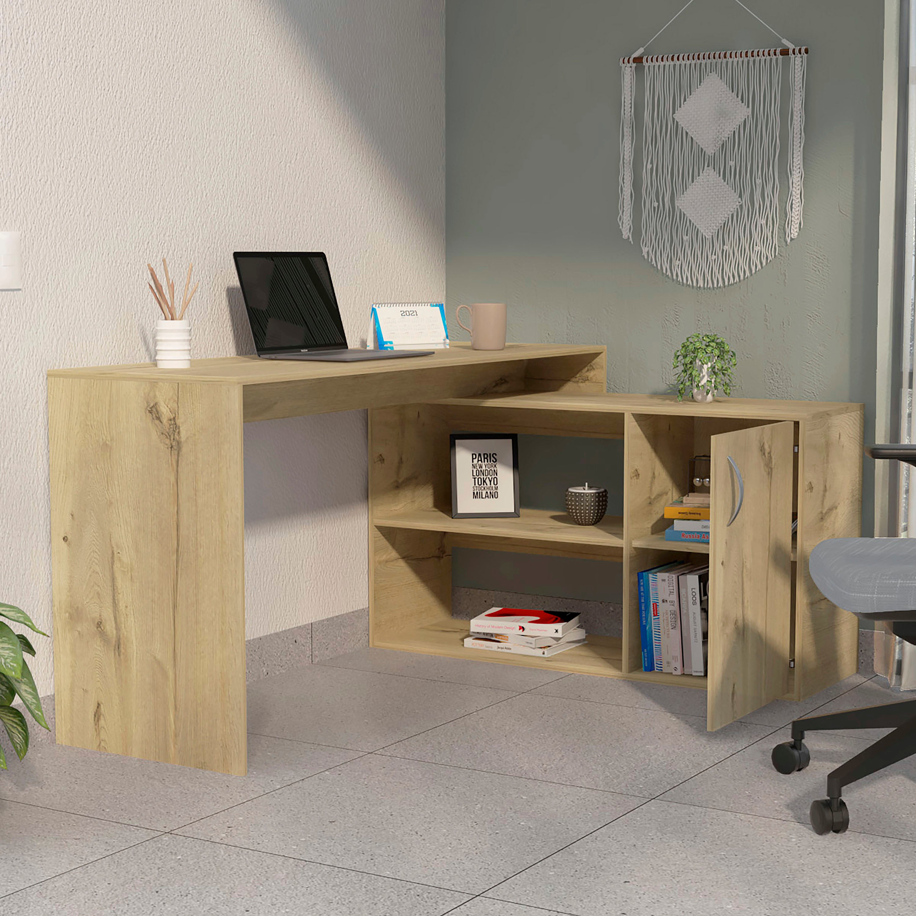 Lyncliff L-Shaped Desk, Light Oak, 1 Drawer & 2 Shelves