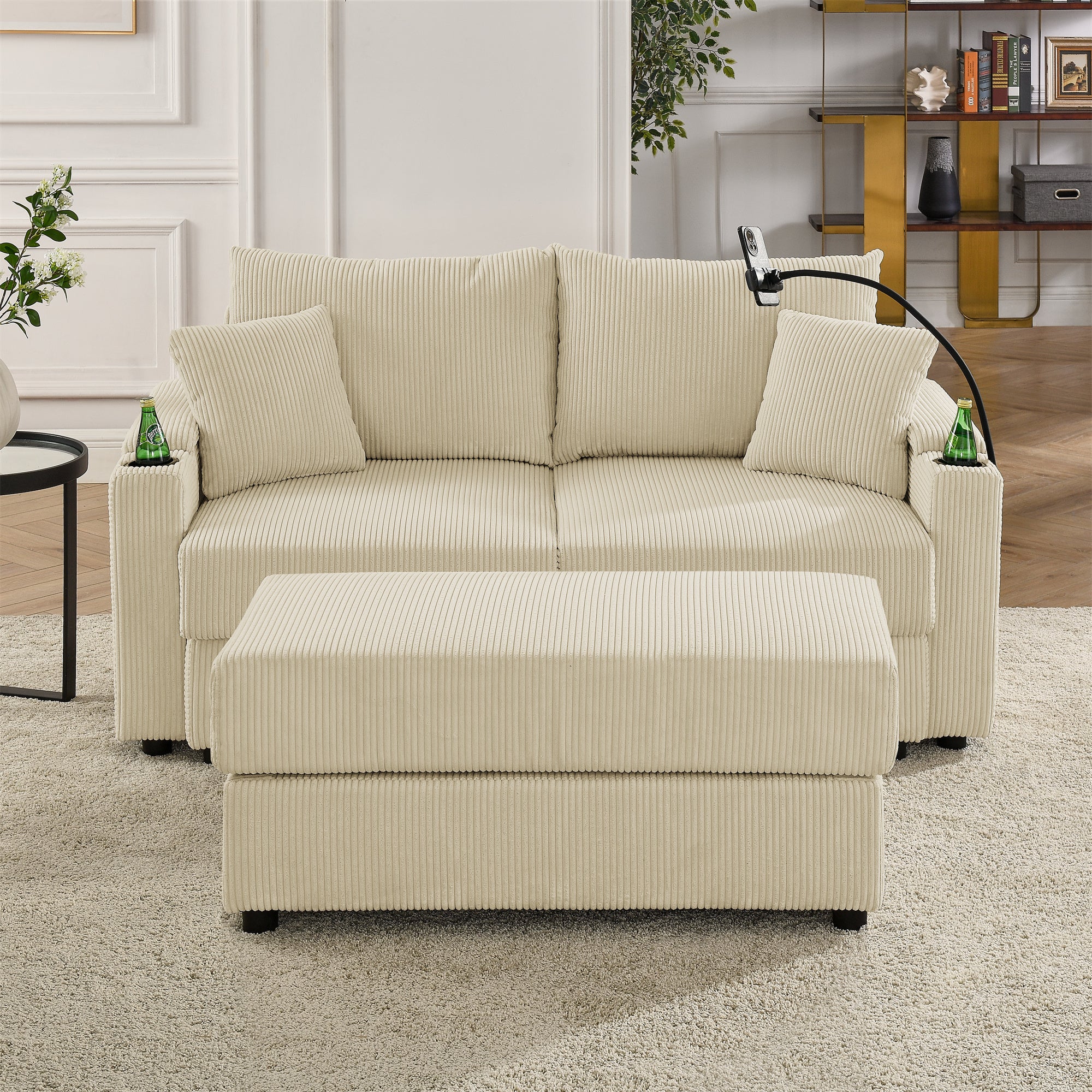 Beige Corduroy Sofa with Ottoman & Storage