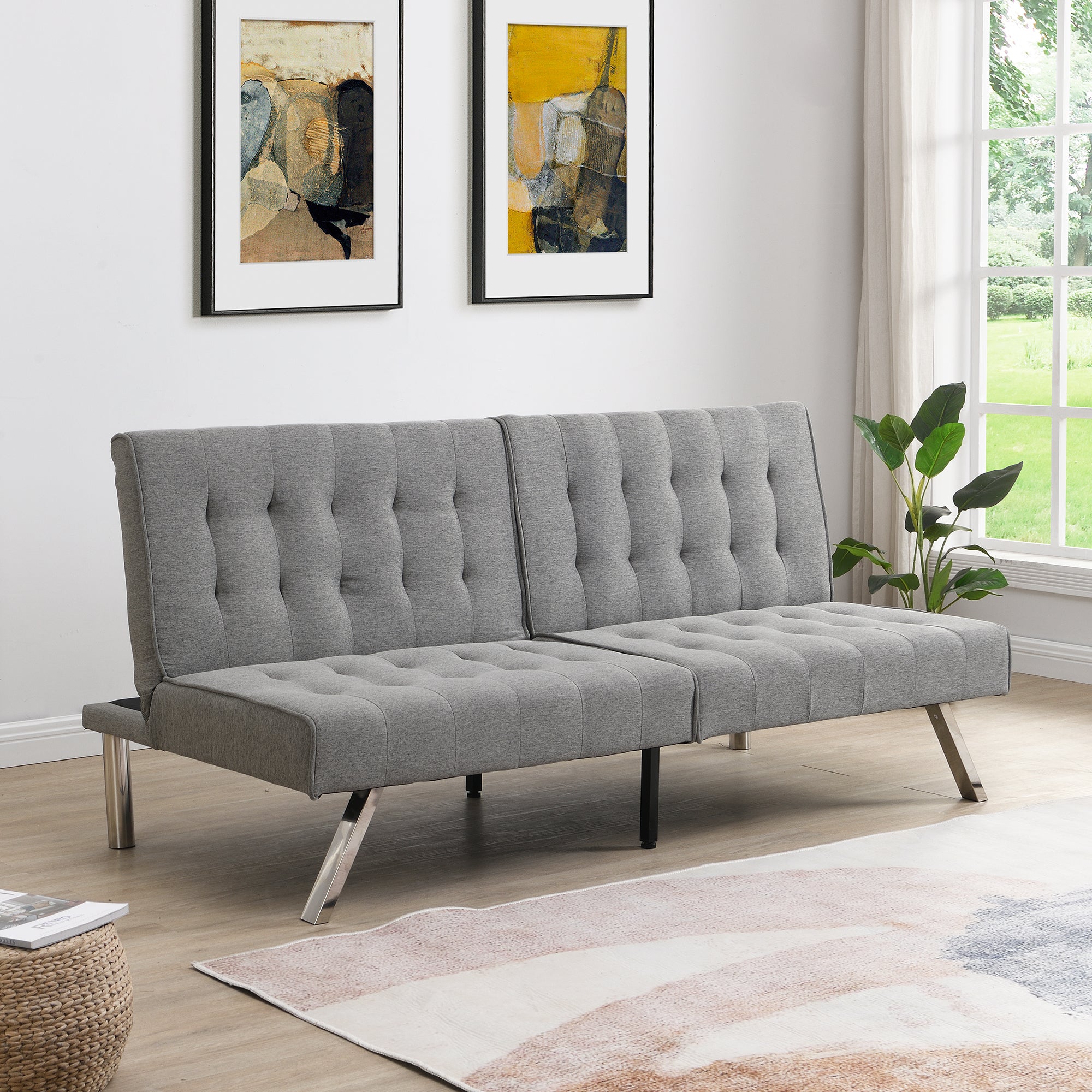 Grey Futon Sofa Bed: Wood Frame, Stainless Legs