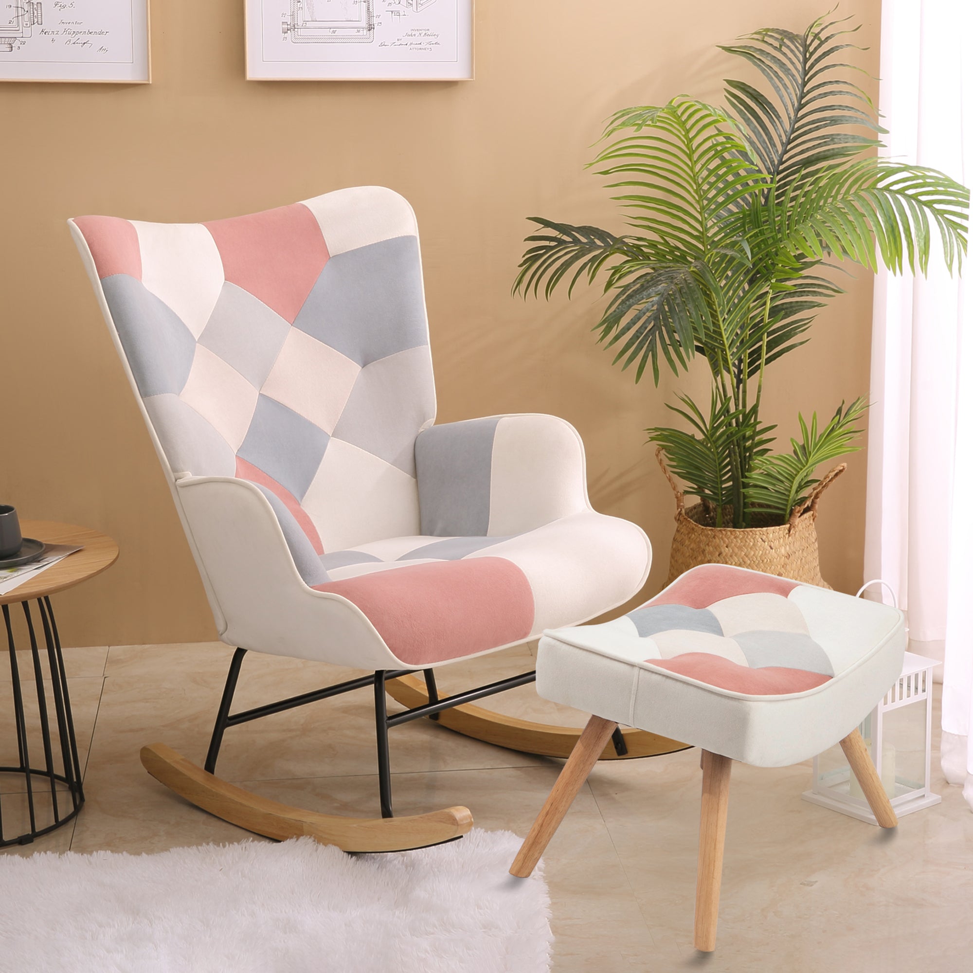 Mid-Century Rocking Chair with Ottoman | Patchwork Linen