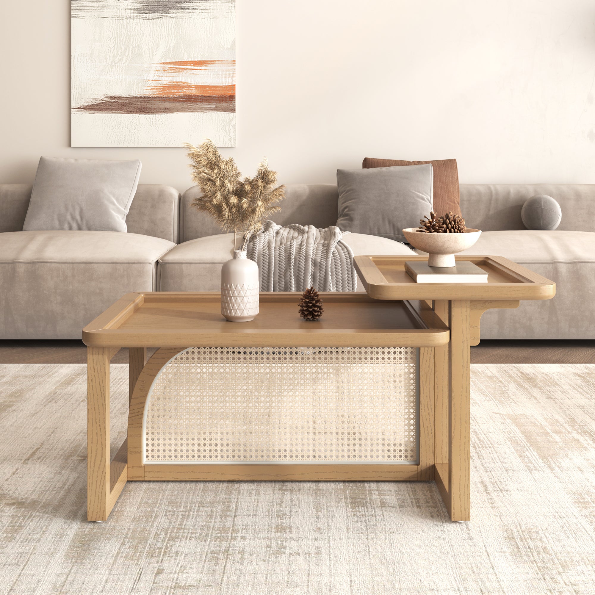 Modern Rattan Coffee Table Set: Wood & MDF