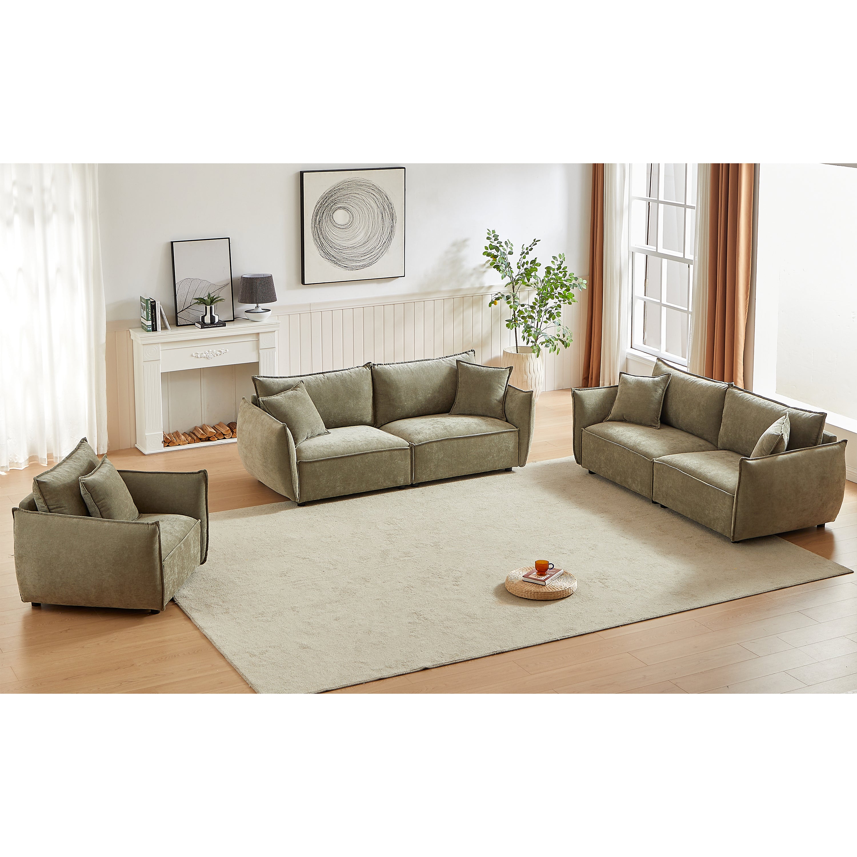 Modern 3+3+1 Sofa Set: Linen, Wooden Frame