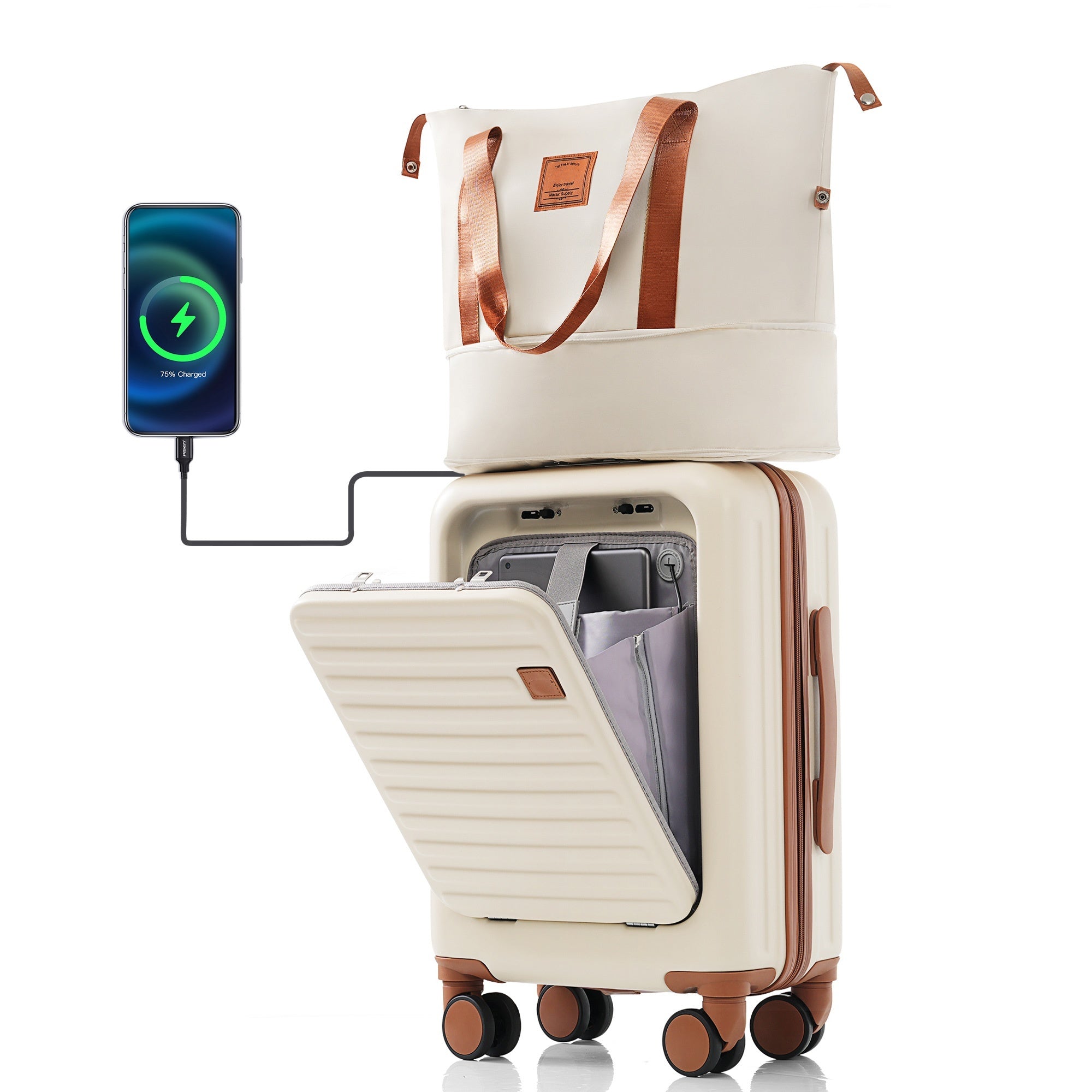 Expandable Carry-On Luggage Set w/ USB & Cup Holder