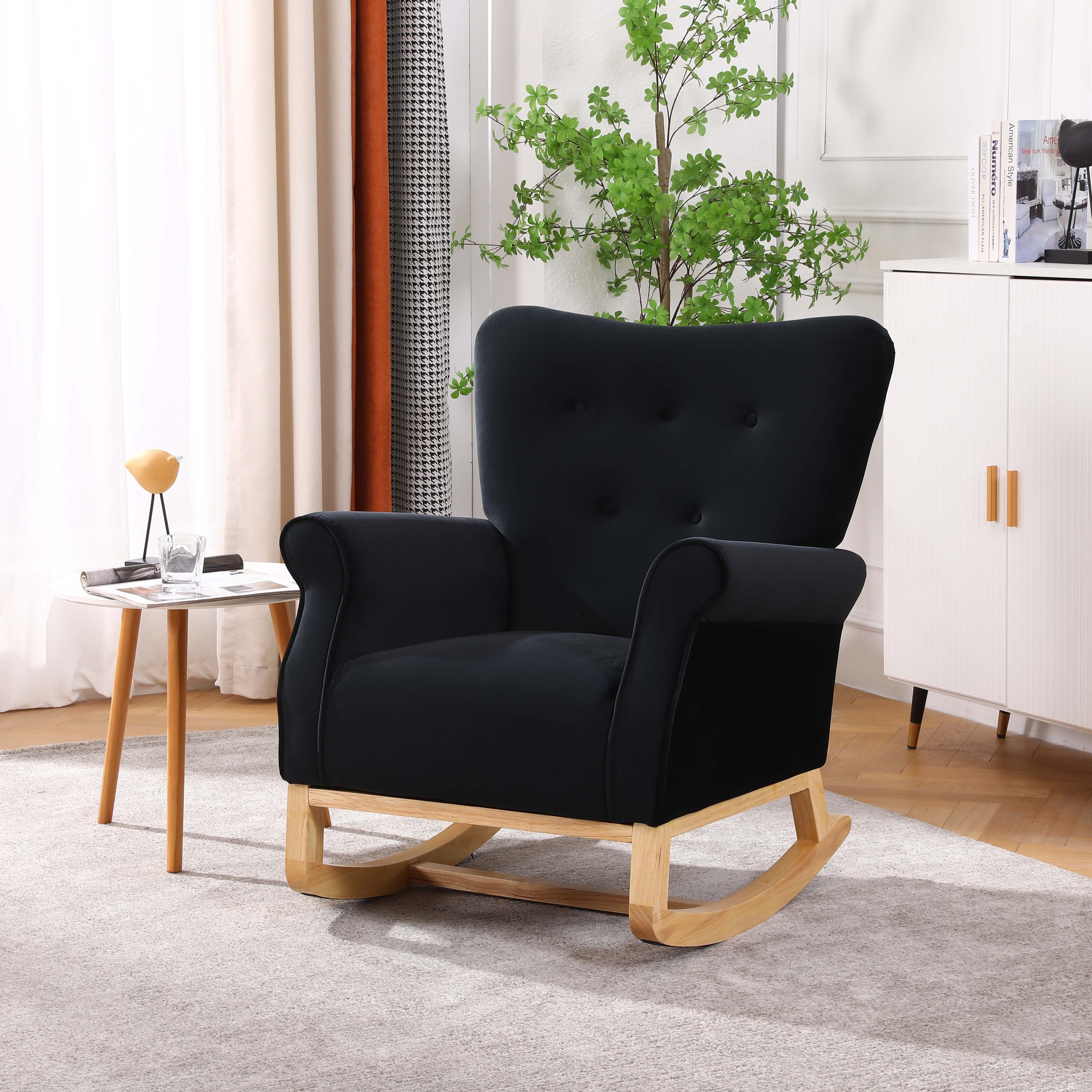 Mid-Century Velvet Rocker: Wood Legs, Living Room