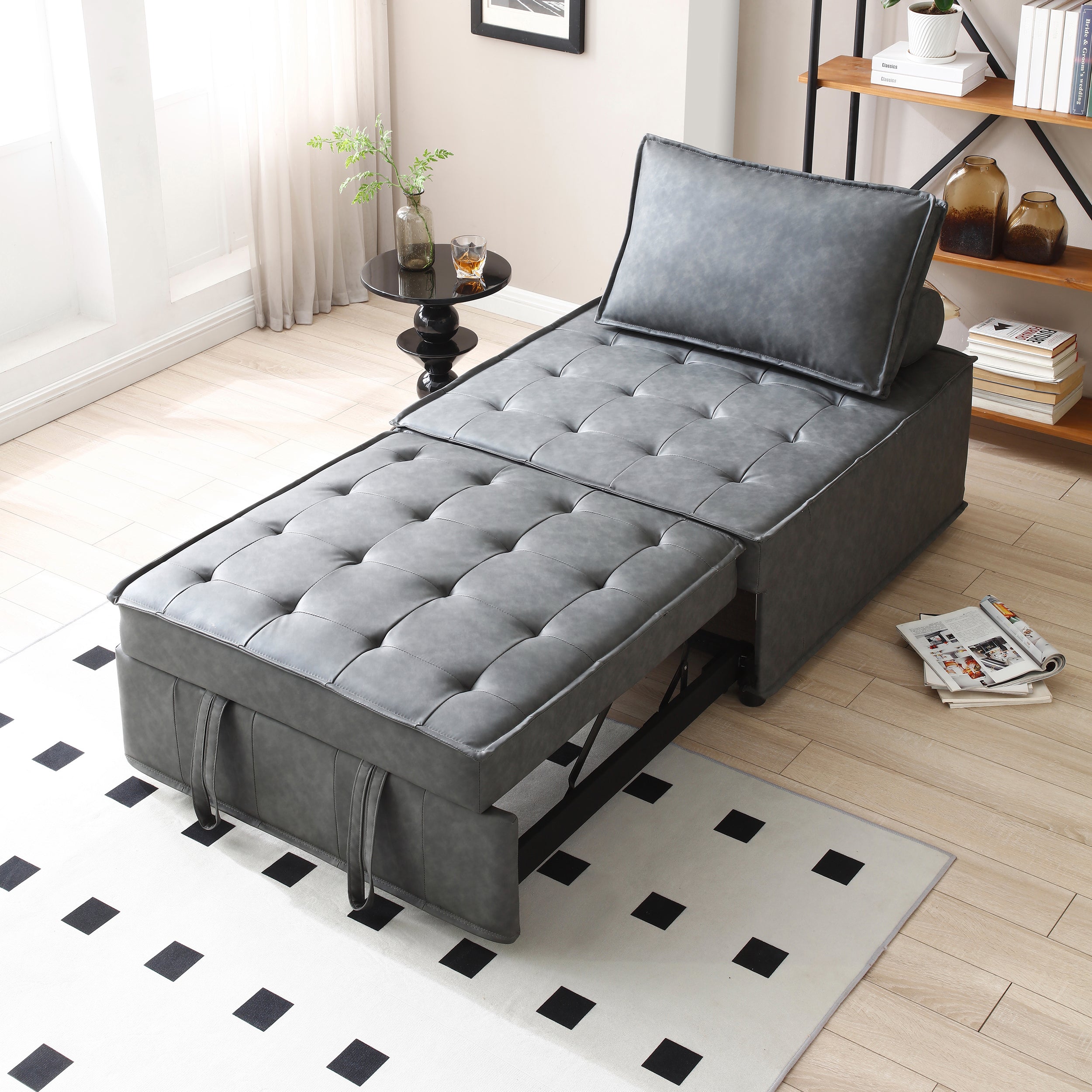 Faux Leather Ottoman Sofa Bed (Dark Grey)