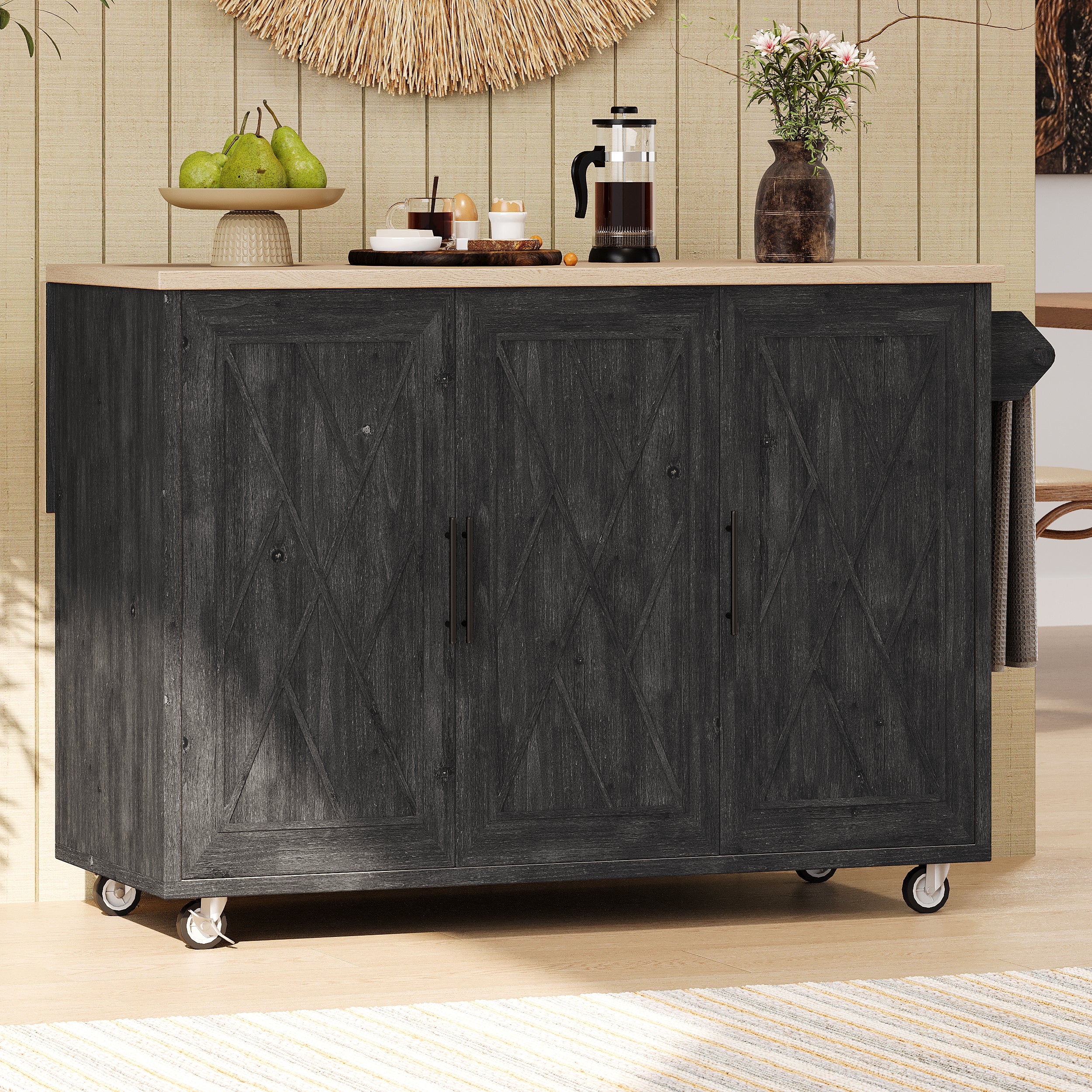 K&K 51.2" Kitchen Island Cart w/ Drop Leaf & Storage - Black