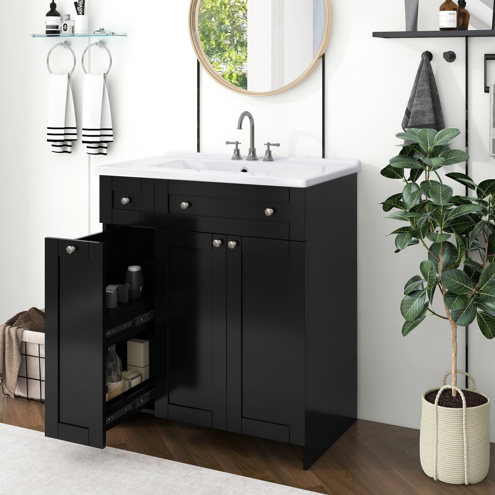 30" Black Bathroom Vanity: Ceramic Sink & Storage