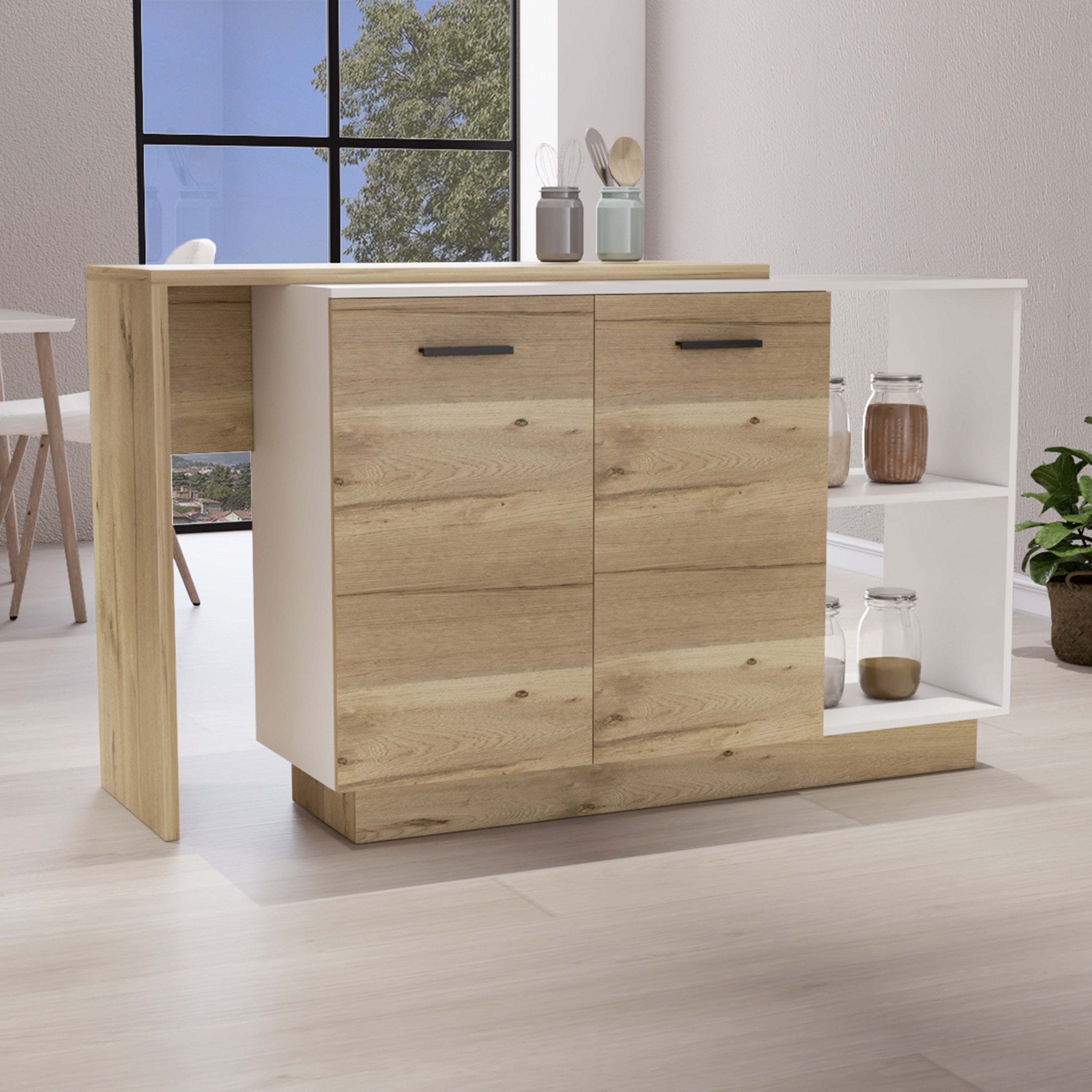 White Kitchen Island: Double Door & 5 Shelves