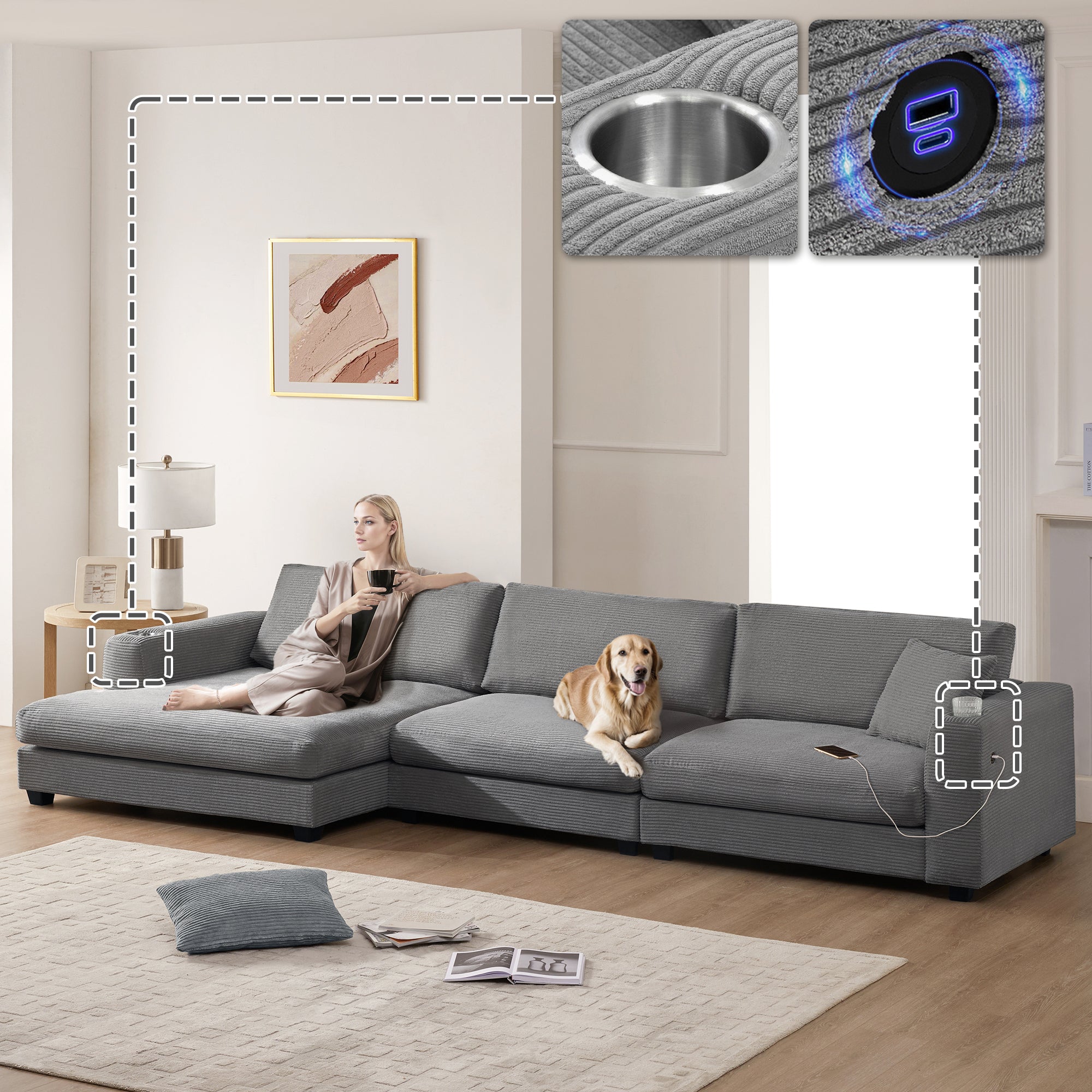 Oversized Corduroy Sectional Sofa w/ Chaise & USB