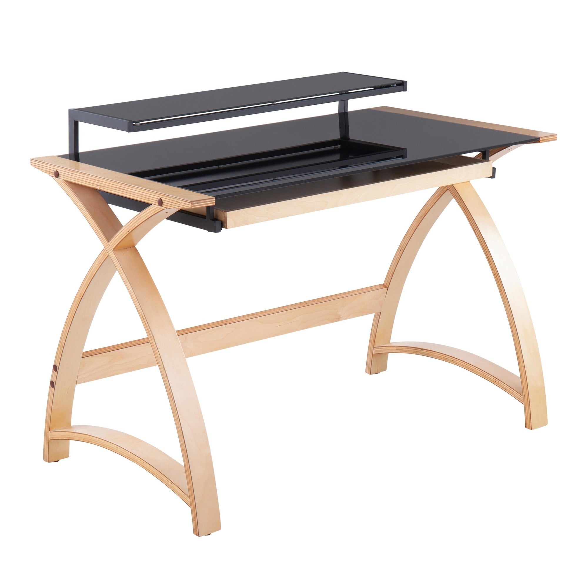 Bentley Modern Office Desk, Natural Wood & Black Glass