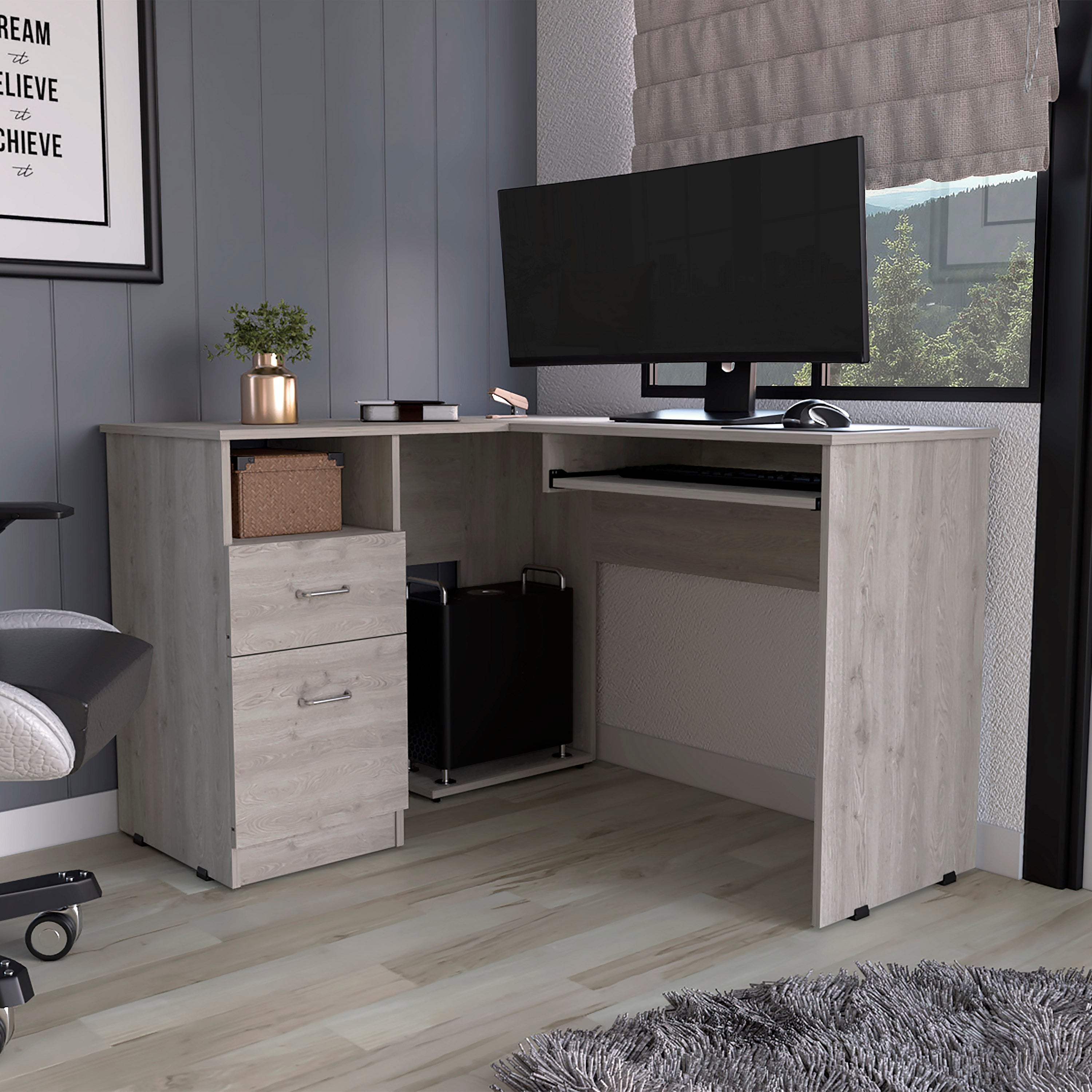 Light Grey L-Shaped Computer Desk w/ 2 Drawers & Shelf