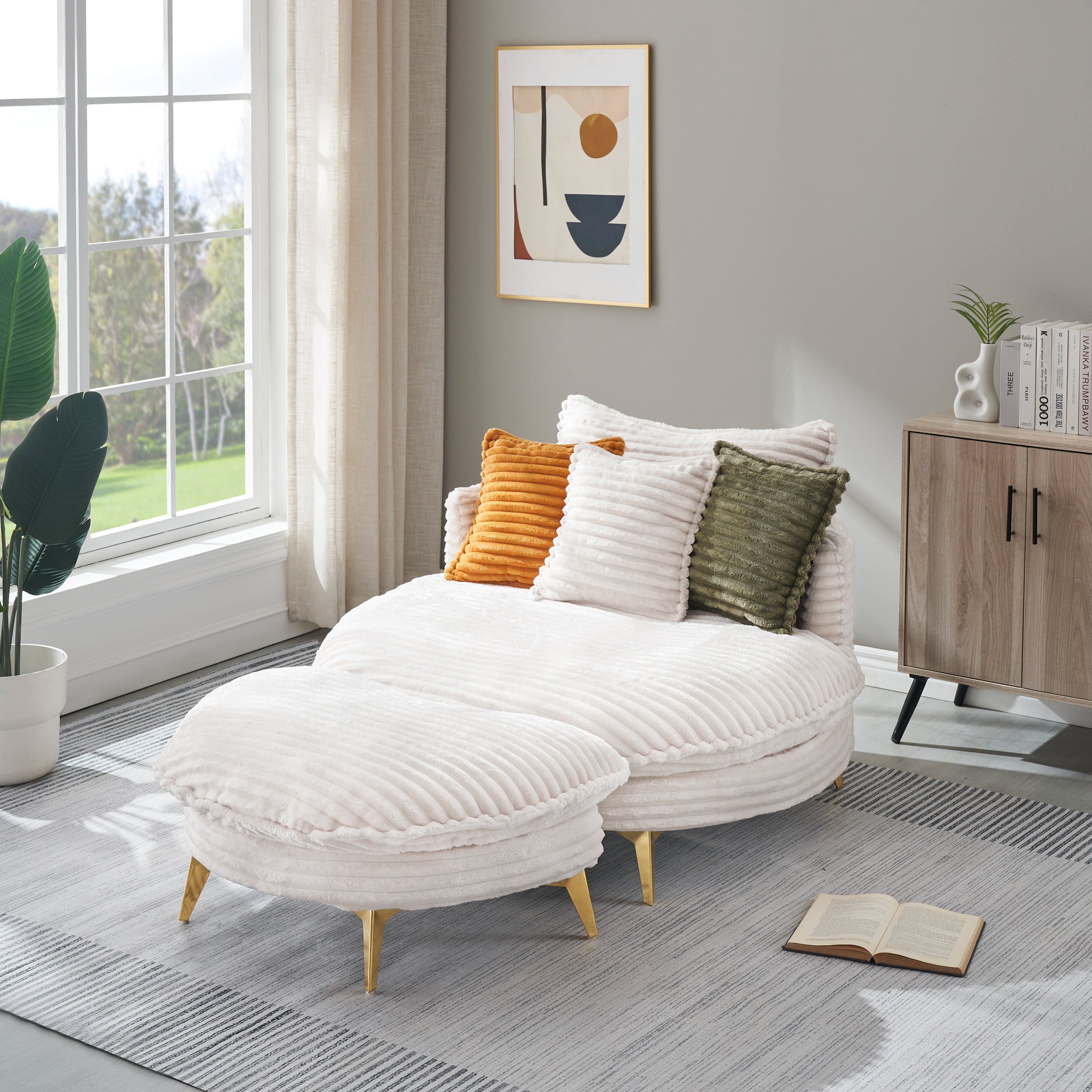 Beige Corduroy Sofa: 65" w/Pillows