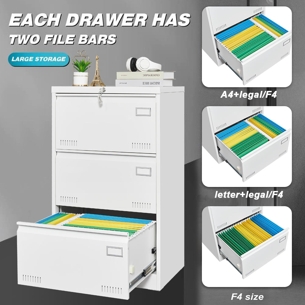 White Lateral File Cabinet with Lock (3-Drawer)