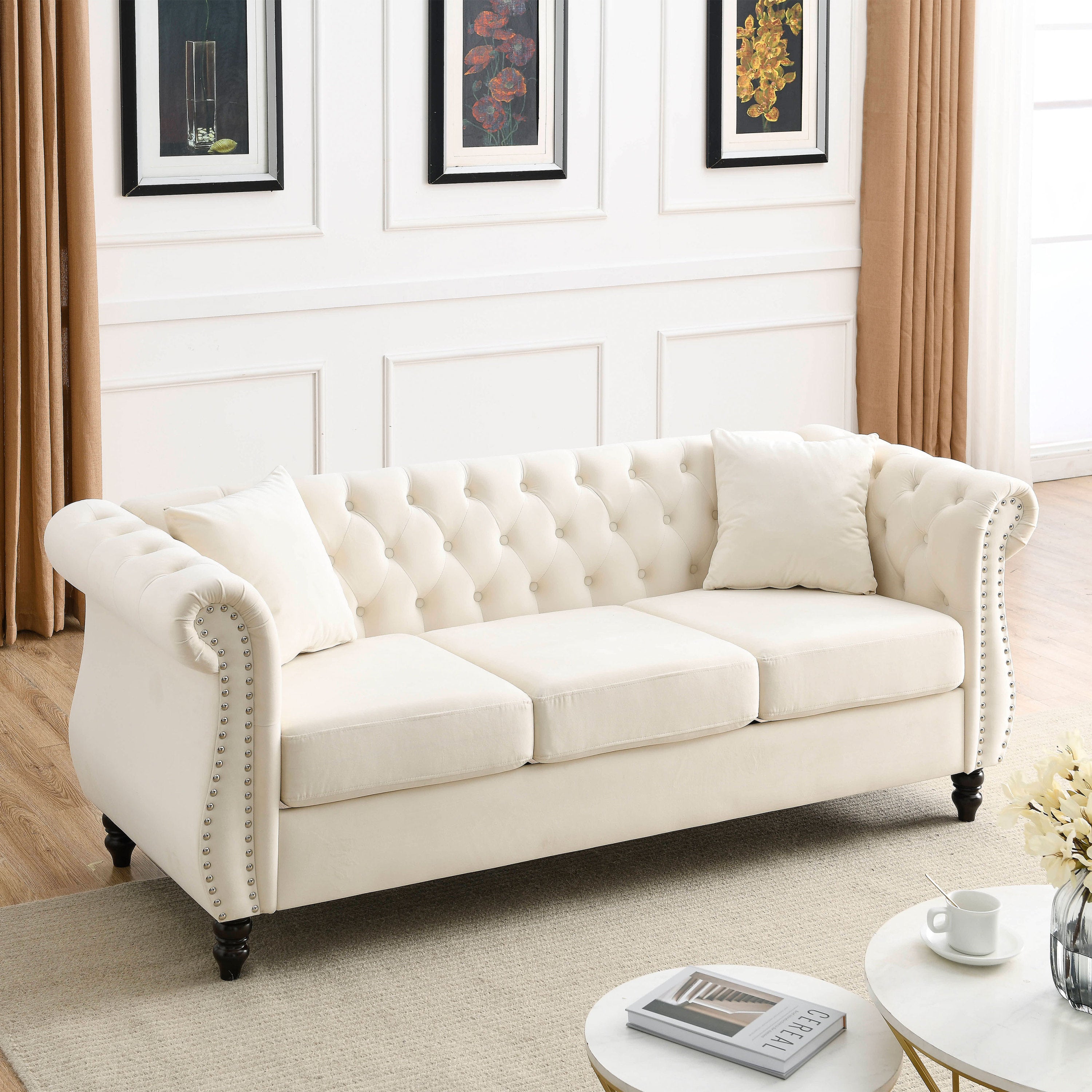 80' Chesterfield Sofa Beige Velvet