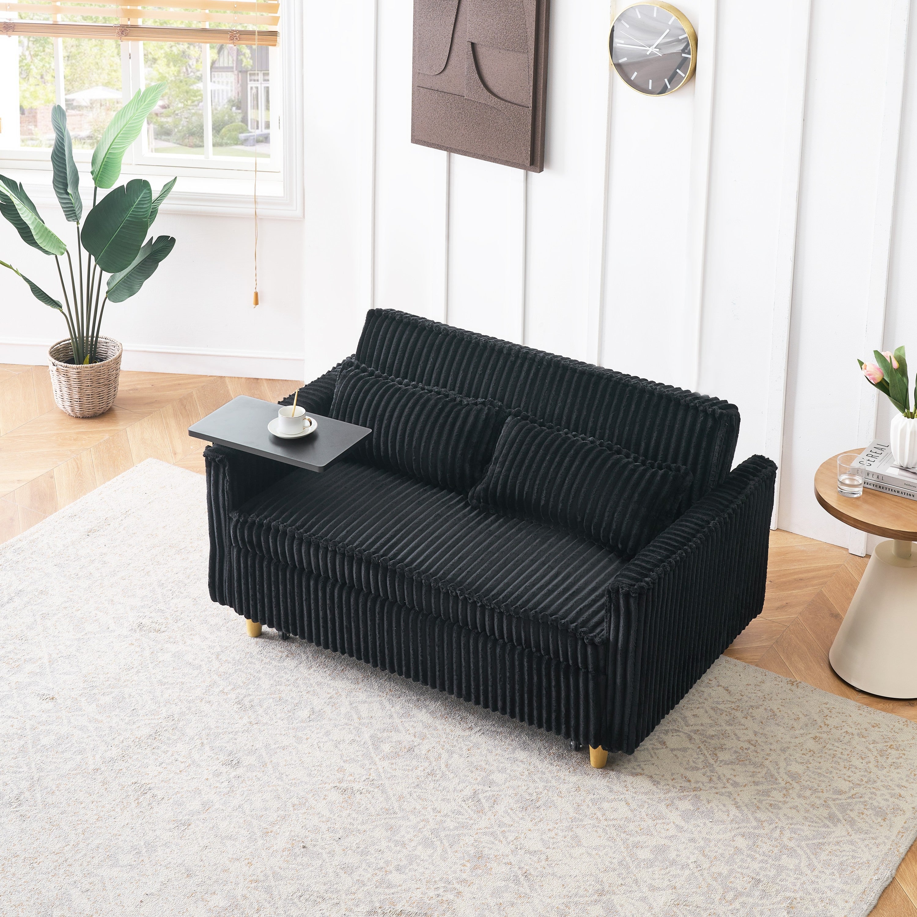 Corduroy Sofa Bed: Pull-Out, Table, USB
